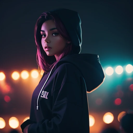 masterpiece, (1: 2 best quality), rap album cover, beautiful rapper woman looking at the croud while performing a concert, wering a hoodie, hazy, foggy, neon colors, moody, very dark and mysterious