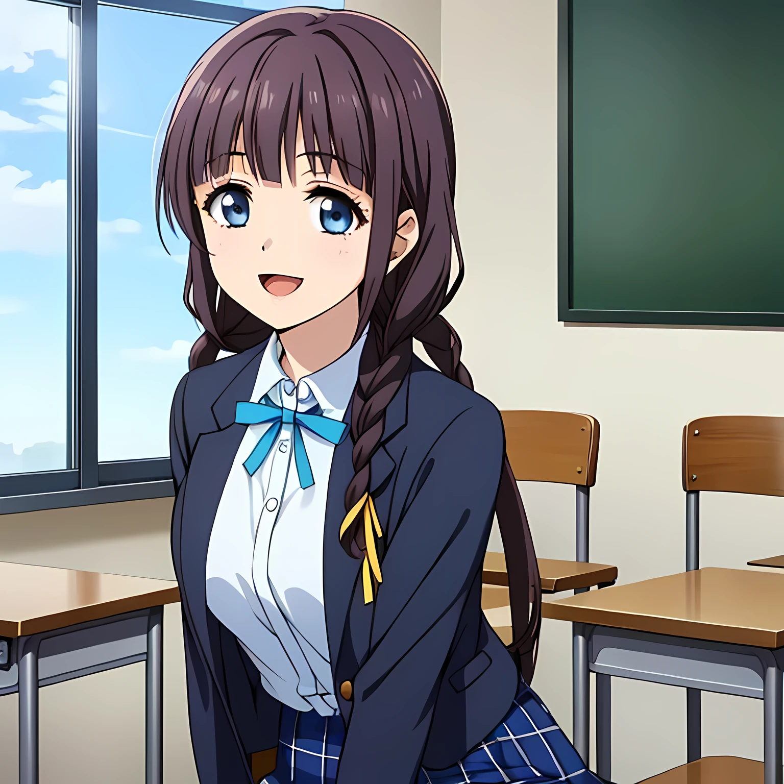 (highest quality, masterpiece:1.2), highest quality, High resolution, 1080p, 8K, Height: 158cm, Anime-style CG, ((A very noble, pretty and neat beautiful girl of the game heroine is sitting on a chair in a school classroom.、A scene of students taking a class with serious expressions、Shooting from behind)), Neat gesture, A face that everyone loves, Glossy lips, Even bangs, Double, Long eyelashes on both the top and bottom, Smiling blue eyes, The very large red shiny wide ribbon bowtie is very cute., ((Black Hair)), ((long twin braids)), (((A long, neat, checkered pleated skirt with dark navy blue checks.))), (((Dark blue winter long sleeve blazer))), How to wear a neat uniform, Smiling, slightly open mouth like a game heroine, Ribbon in hair, Tight waist, The ribbon is big and very pretty.