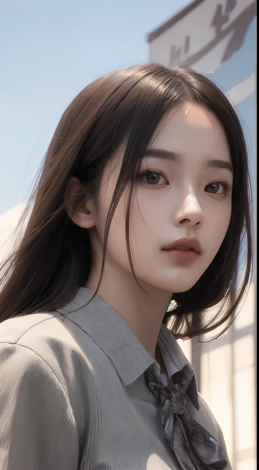 realistic, table top, best quality, RAW photos, 1 girl, alone, long hair, brown hair, detailed face, an alluring face, collar shirt, medium chest, dynamic pose, looking at viewer, from below, detailed background, detailed, intricate details,  ray tracing, depth of field, low key, nffsw