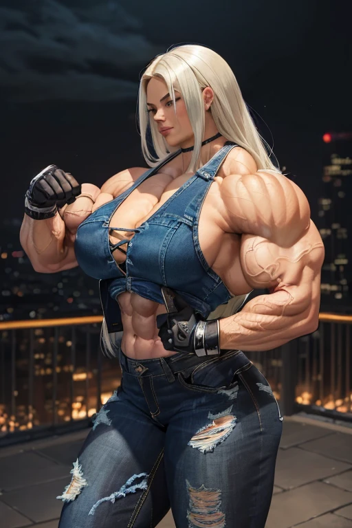 (((((Massive, beautiful, buff, light brown skinned muscular woman with white hair, ginormous bulky muscles, doing beautiful poses and wearing a black Long-sleeved cropped denim jacket with tight denim jeans))))), (close view), massive muscles, hyper muscles, (long straight hair), (((black halter top))), (black halter top), blue eyes, choker, ((((cropped denim jacket)))), (cropped denim jacket), (gloves), gloves, black boots, (in the Darkened city), closed smile, night, ginormous muscles