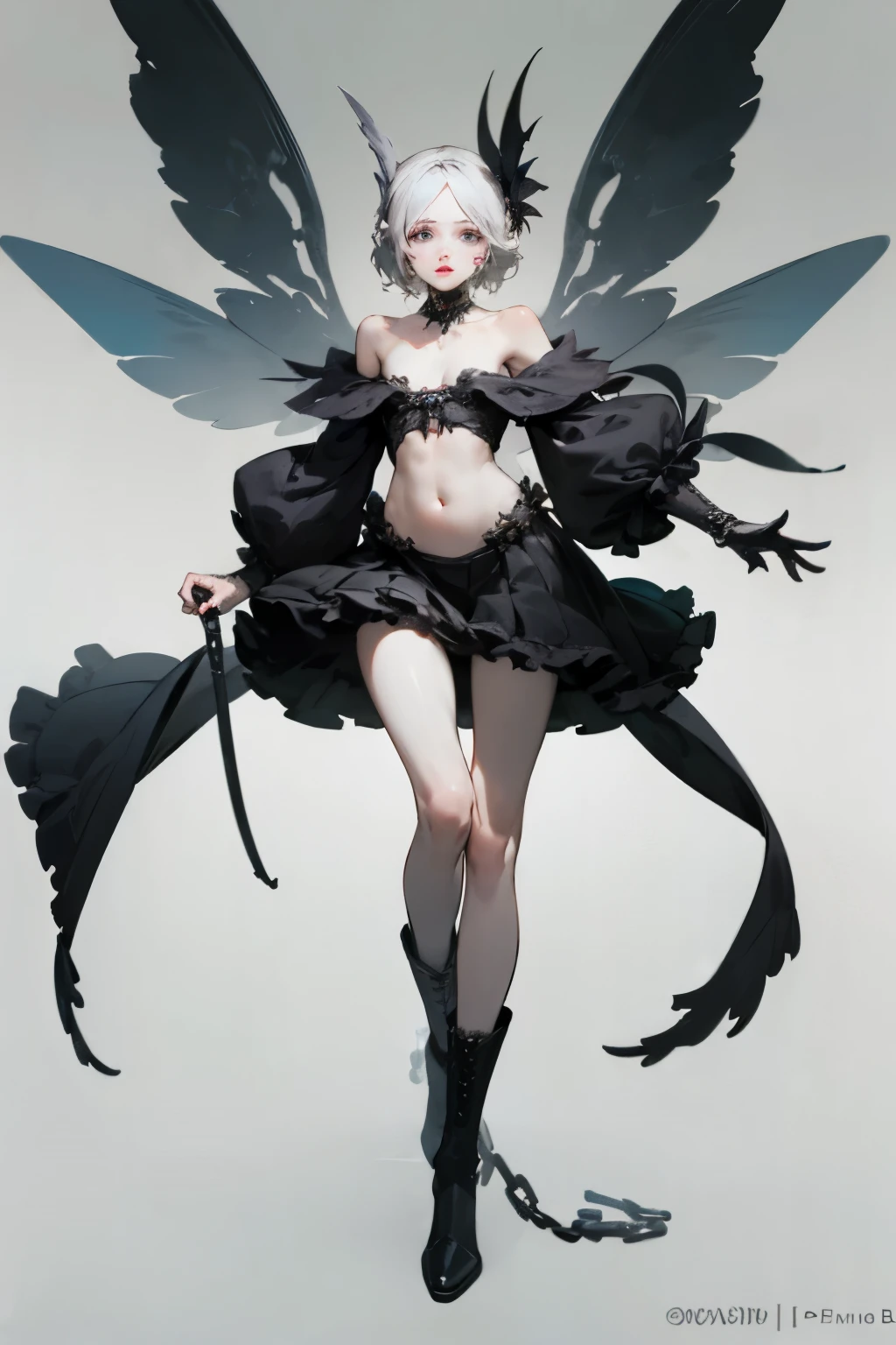 ((best quality)), ((masterpiece)), (detailed), 1girl, off-shoulder, Character design, female, dynamic poses, long white grey hair, grey white eyes, very skinny, detailed, best quality, no accesoires around the neck, no shoes, prominent collarbones, skinny arms, flat stomach, visible hip bones, full body, blank white background, plain background, white background, red and white clothing, Bloodborne inspired, occult aesthetic, occult, detailed and intricate steampunk and detailed gothic, NSFW, Very dramatic and cinematic lighting, cosmic horror, grim-dark, side-lighting, perfect face, NSFW, Fluttering lace flared long knee length dress with frilly petticoats, knee length dress, pleated petticoats, petticoats gothic, complex lace boots, side-lighting, gothic ta aesthetic, wielding a mighty sword with mechanical components, various different types of insect wings, NSFW, full body, whole body, body, plain background, white background, blank background, no background, white background NSFW, chains, full body, whole body, head-to-toe NSFW