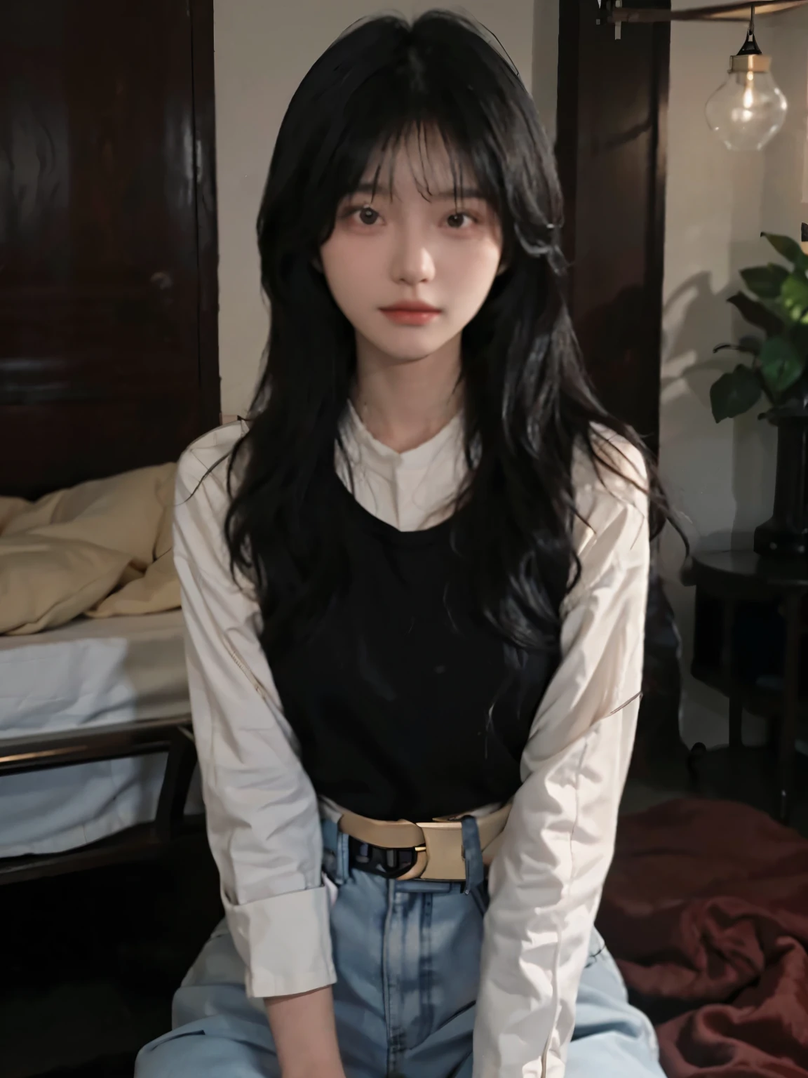 araffe girl Long hair and a black top posing for a picture, Ulzan, Korean Girl, 19 year old girl, Long hair, she has black hair,Have bangs, Beautiful young Korean woman, Popular on cgstation, asian girl Long hair, She is about 20 years old, She is about 20 years old