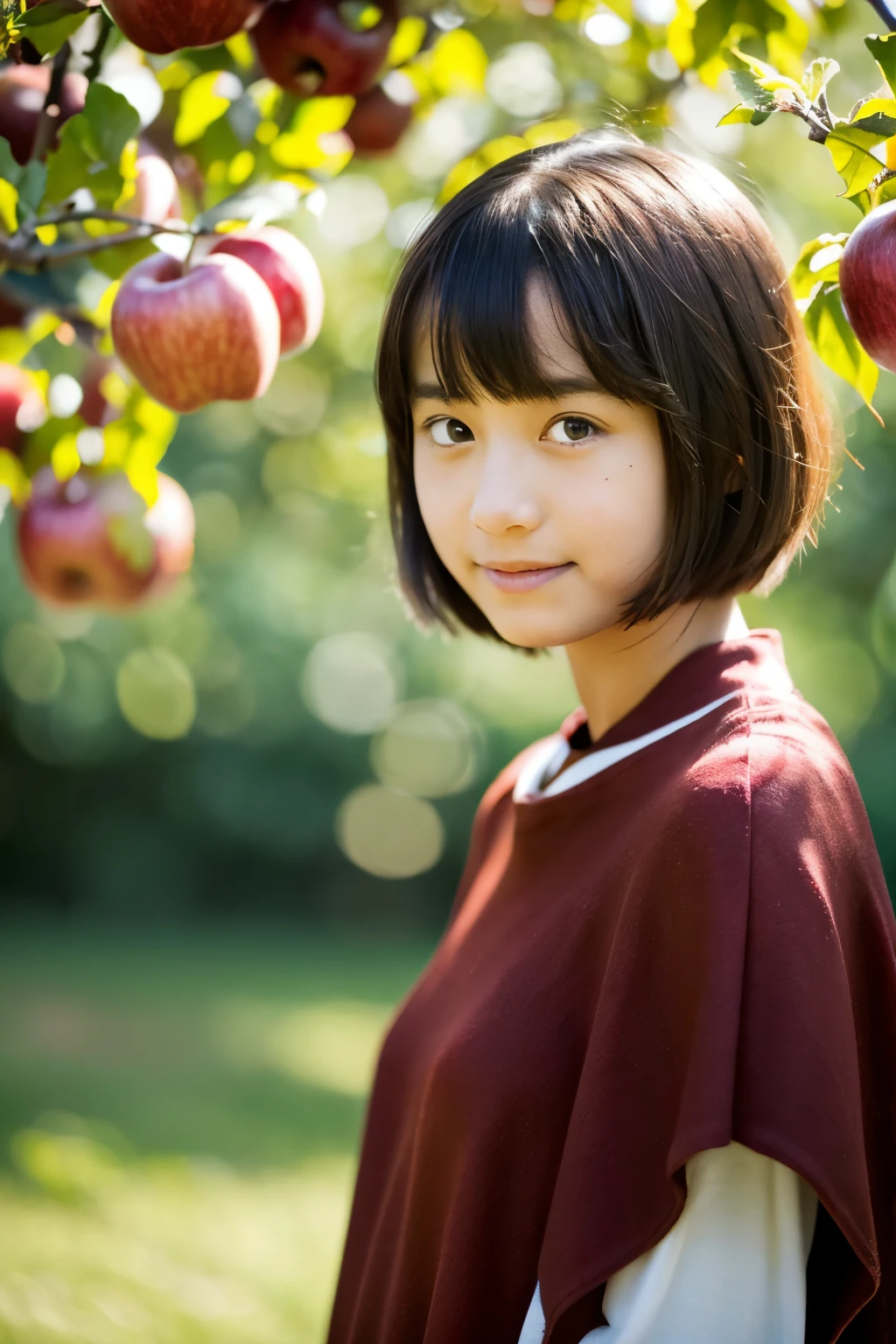 Lens: 135mm f1.8, (masterpiece, highest quality:1.2), (RAW Photos), Speckled sunlight, Dramatic lighting, (Beautiful  Swedish Japanese girl), (avert your eyes), (Smile of shame:0.8), (Flat bangs:0.8), (shortcut hair:1.2) Semi-Buzz Cut (Red Hair), Fluttering in the wind, (Dark green oversized poncho), (Dark red tunic), (Dark Red Color Pleated Skirt), (At the apple orchard), 