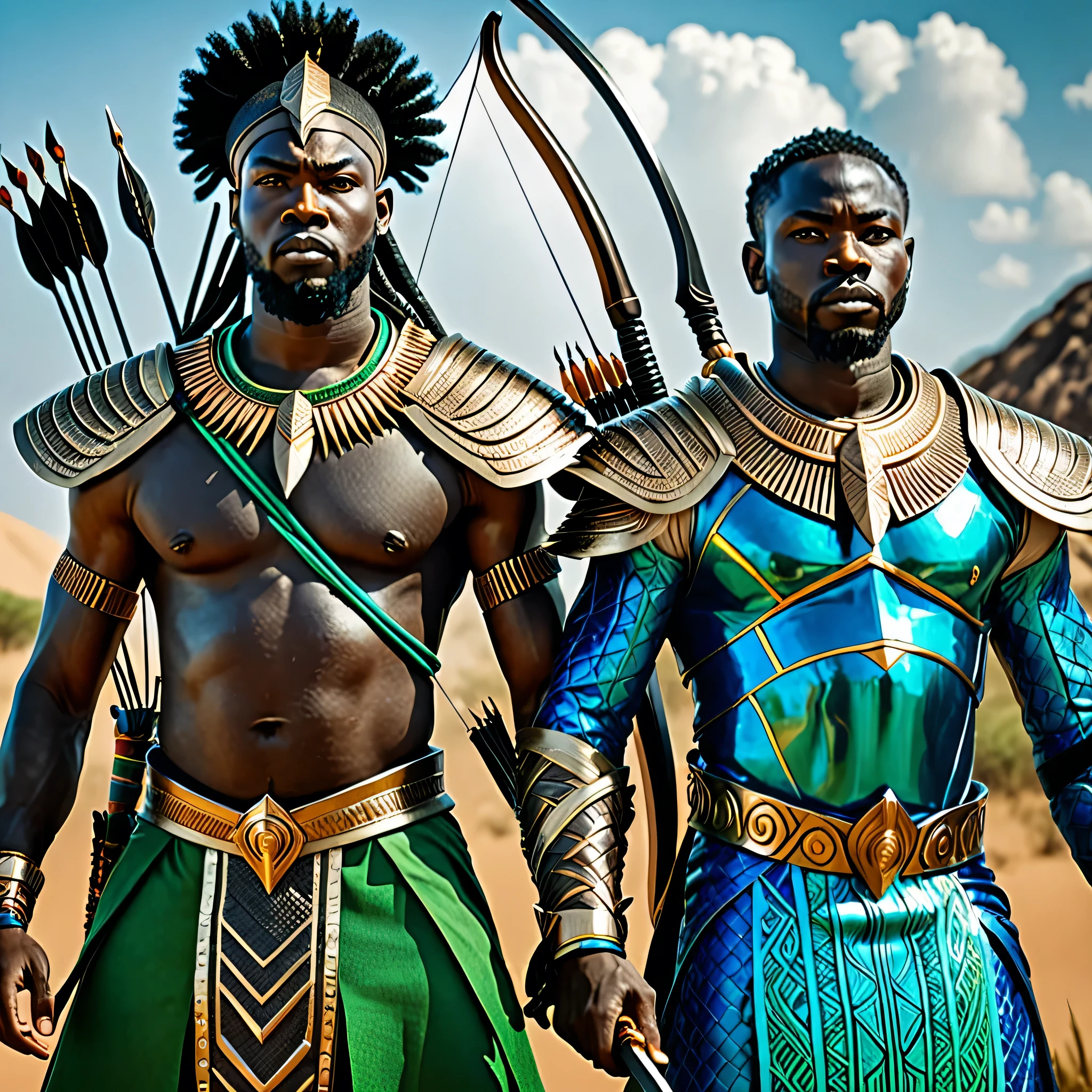 two black men in African warrior clothes holding sword and bow and arrow, blue clothes, green clothes, African gods of hunting, afrofuturism, afrofuturism fashion, ultra quality, masterpiece, intricate details, very detailed, beautiful face, 8K, cinematic scene, photorealistic