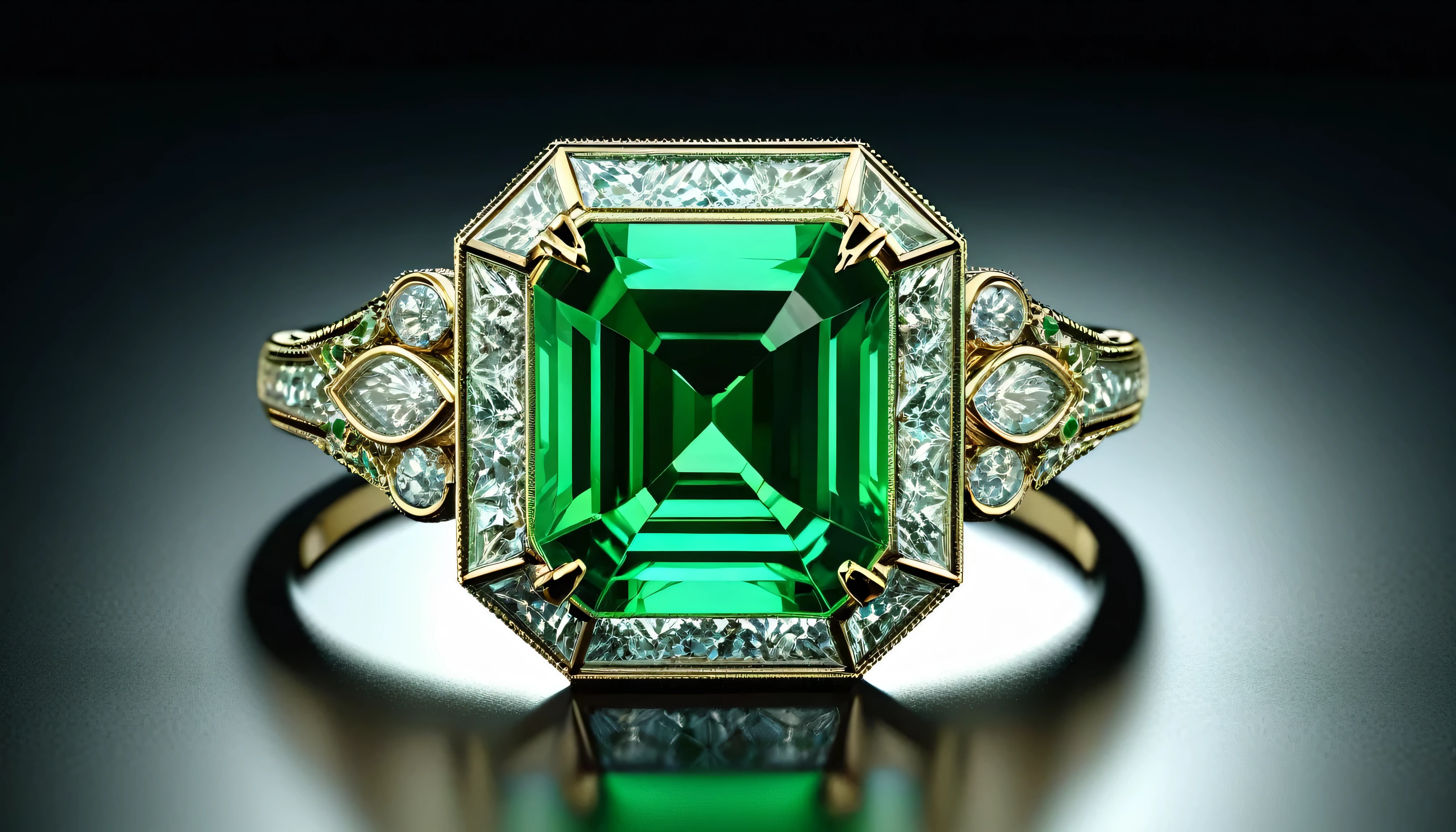 emerald ring on sophisticated flat surface, highly detailed, photorealistic, 8k, best quality, extremely detailed, studio lighting, cinematic lighting, seamless, clean, elegant, luxurious, reflective surface, intricate design, mesmerizing colors, hypnotic patterns, glass-like clarity, sharp focus, flawless composition, masterpiece