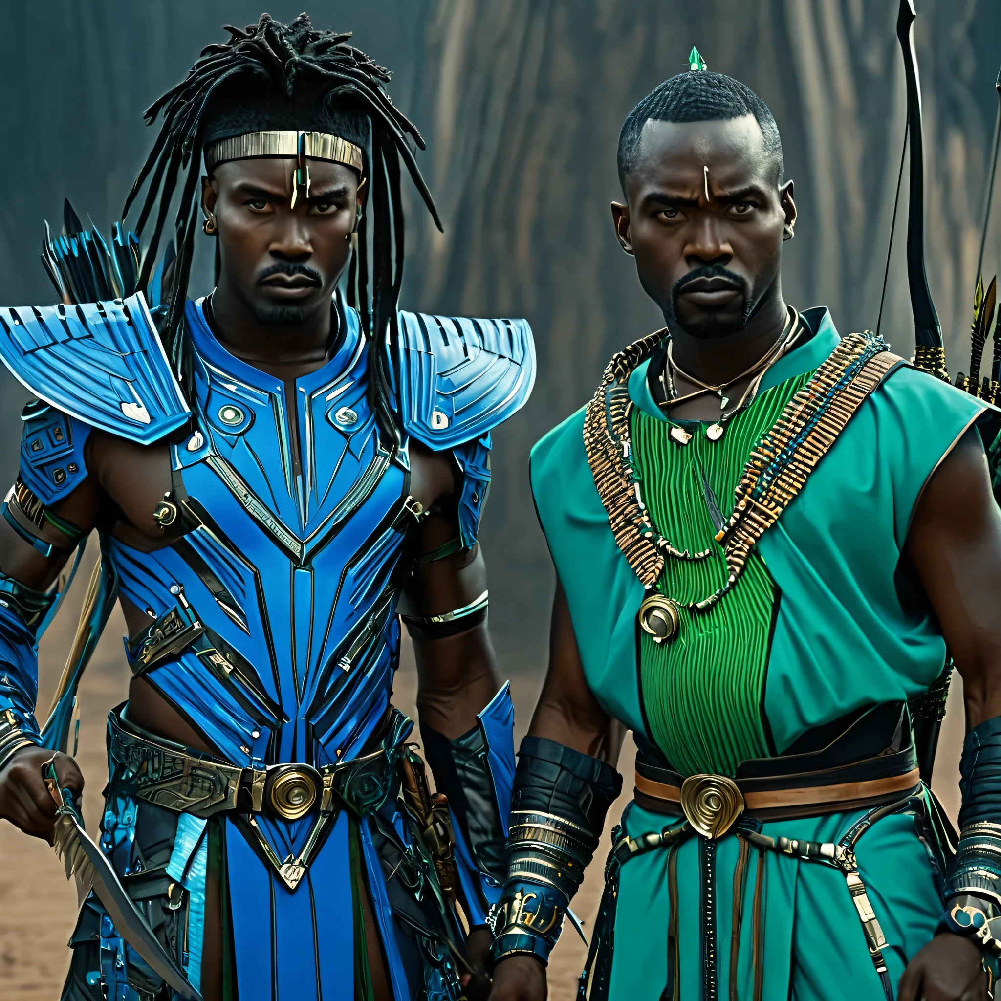 80s dark fantasy movie, cyber punk, two black men in African warrior clothes holding sword and bow and arrow, blue clothes, green clothes, African gods of hunting, afrofuturism, afrofuturism fashion, ultra quality, masterpiece, intricate details, very detailed, beautiful face, 8K, cinematic scene, photorealistic