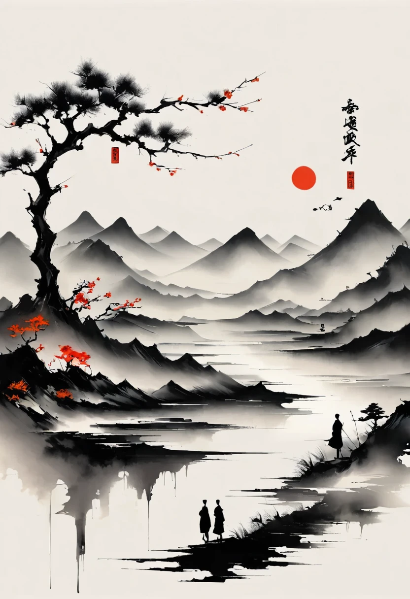 (大量留white:1.5),white, white色背景, simple, Minimalism, abstract,Freehand,Aesthetic,黑与white,Ink Painting,antiquity,Mountain,People in the distance