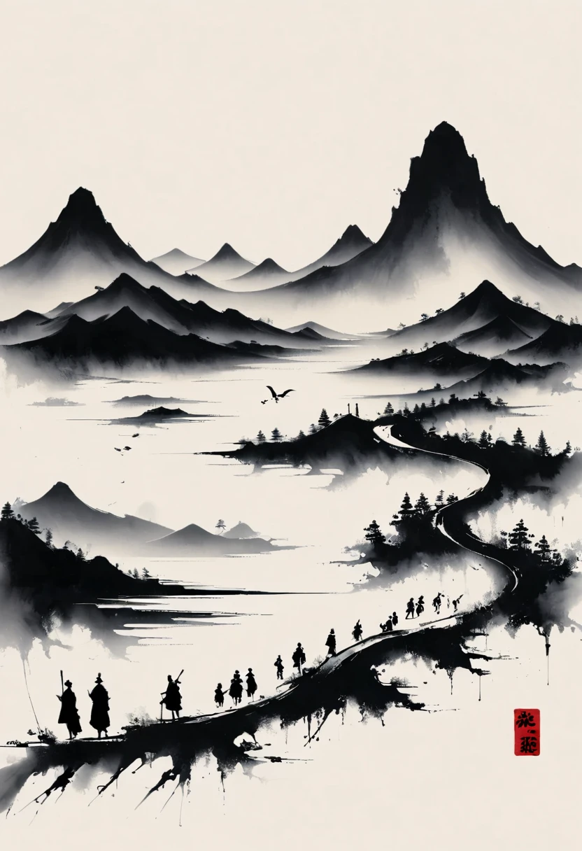 (大量留white:1.5),white, white色背景, simple, Minimalism, abstract,Freehand,Aesthetic,黑与white,Ink Painting,antiquity,Mountain,People in the distance