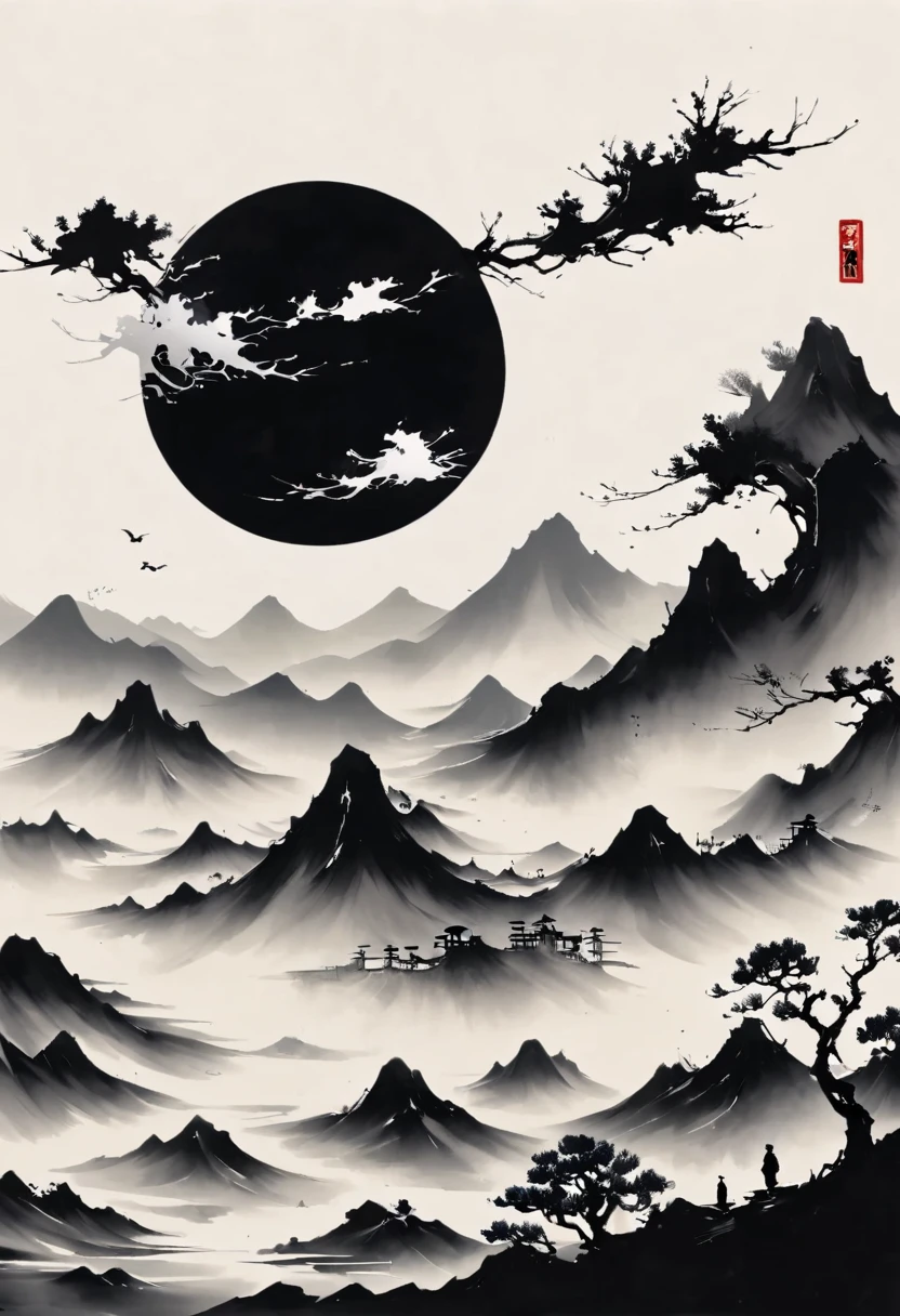 (大量留white:1.5),white, white色背景, simple, Minimalism, abstract,Freehand,Aesthetic,黑与white,Ink Painting,antiquity,Mountain,People in the distance