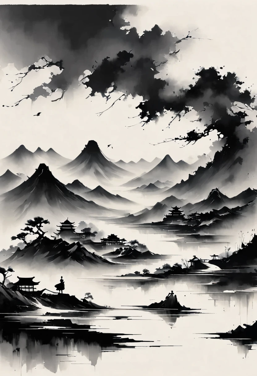 (大量留white:1.5)，white, white色背景, simple, Minimalism, abstract,Freehand，Aesthetic，黑与white，Ink Painting，antiquity，Mountain，People in the distance