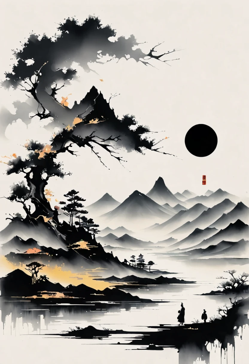 (大量留white:1.5)，white, white色背景, simple, Minimalism, abstract,Freehand，Aesthetic，黑与white，Ink Painting，antiquity，Mountain，People in the distance