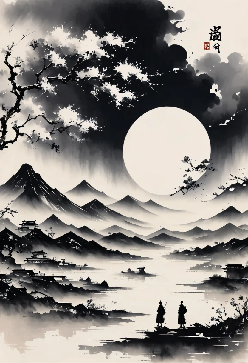 (大量留white:1.5),white, white色背景, simple, Minimalism, abstract,Freehand,Aesthetic,黑与white,Ink Painting,antiquity,Mountain,People in the distance