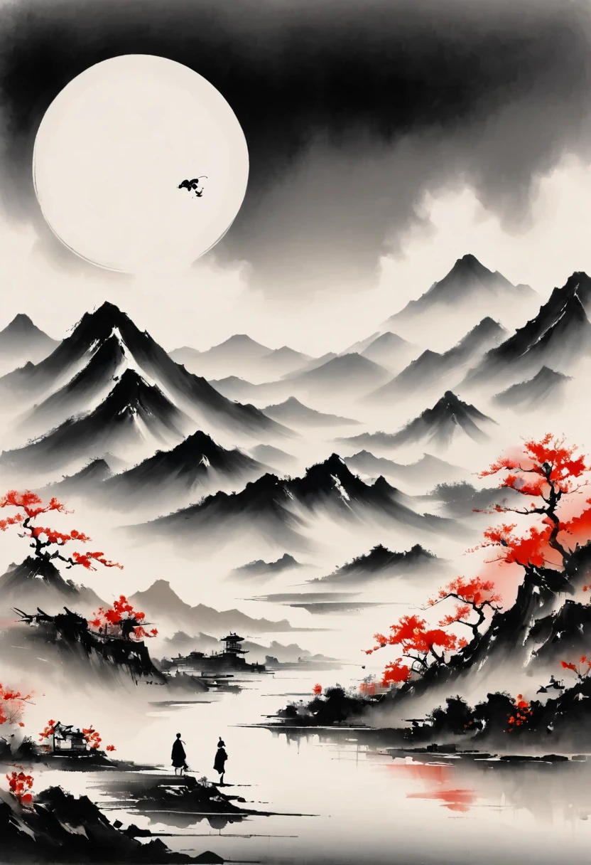 (大量留white:1.5),white, white色背景, simple, Minimalism, abstract,Freehand,Aesthetic,黑与white,Ink Painting,antiquity,Mountain,People in the distance