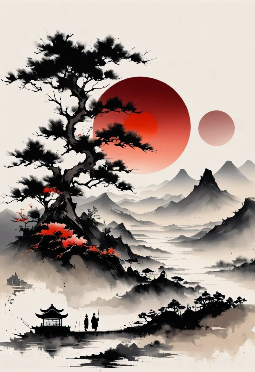 (大量留white:1.5),white, white色背景, simple, Minimalism, abstract,Freehand,Aesthetic,黑与white,Ink Painting,antiquity,Mountain,People in the distance