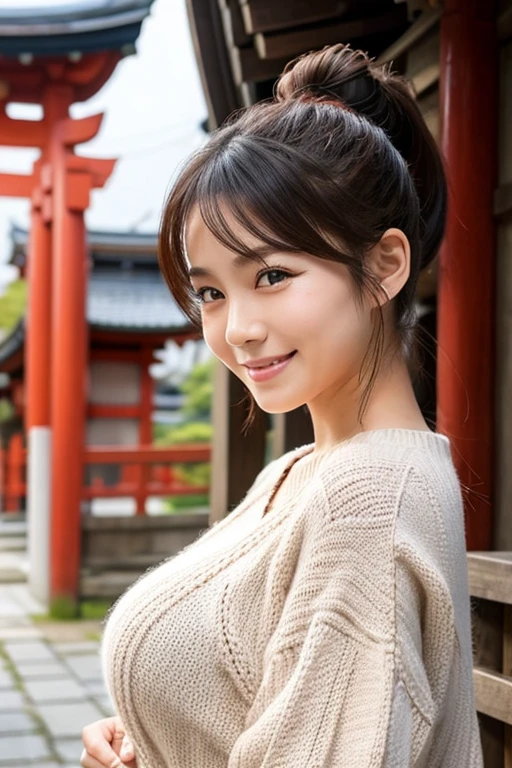 shrine　Knitted clothing　Big Tits Ponytail　smile　Japanese Beauty