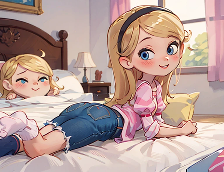 (masterpiece, best quality), 1girl, solo, blonde hair, long hair, hairband, nine years old, blue eyes, ((pink top)), puffy sleeves, white tube socks, no shoes, no jeans, upper body, looking at viewer, light blush, smile, perky, eyes closed, cute smile, indoors, pink, bed, bedroom, straight-on, lying, on stomach, big ass, nalgas grandes visibles, no panties, pants off
