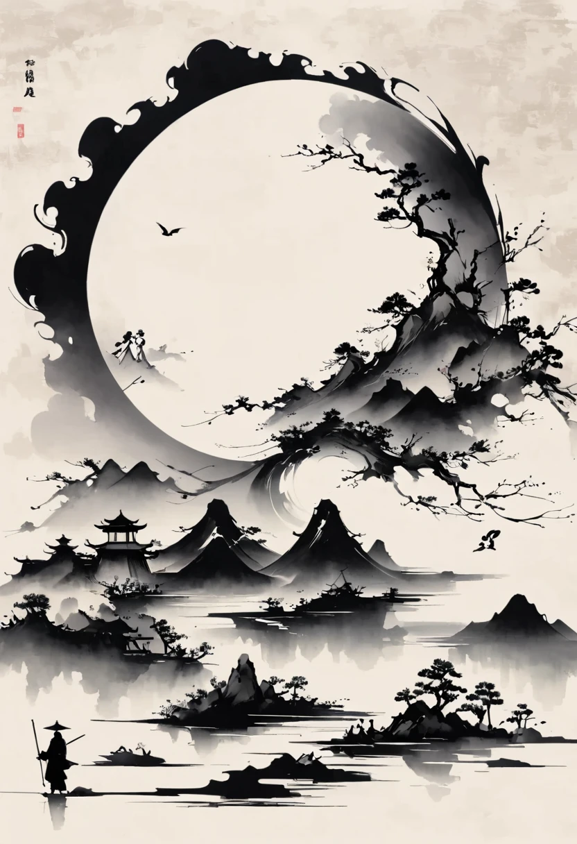 (大量留white:1.5),white, white色背景, simple, Minimalism, abstract,Freehand,Aesthetic,黑与white,Ink Painting,antiquity,Mountain,People in the distance