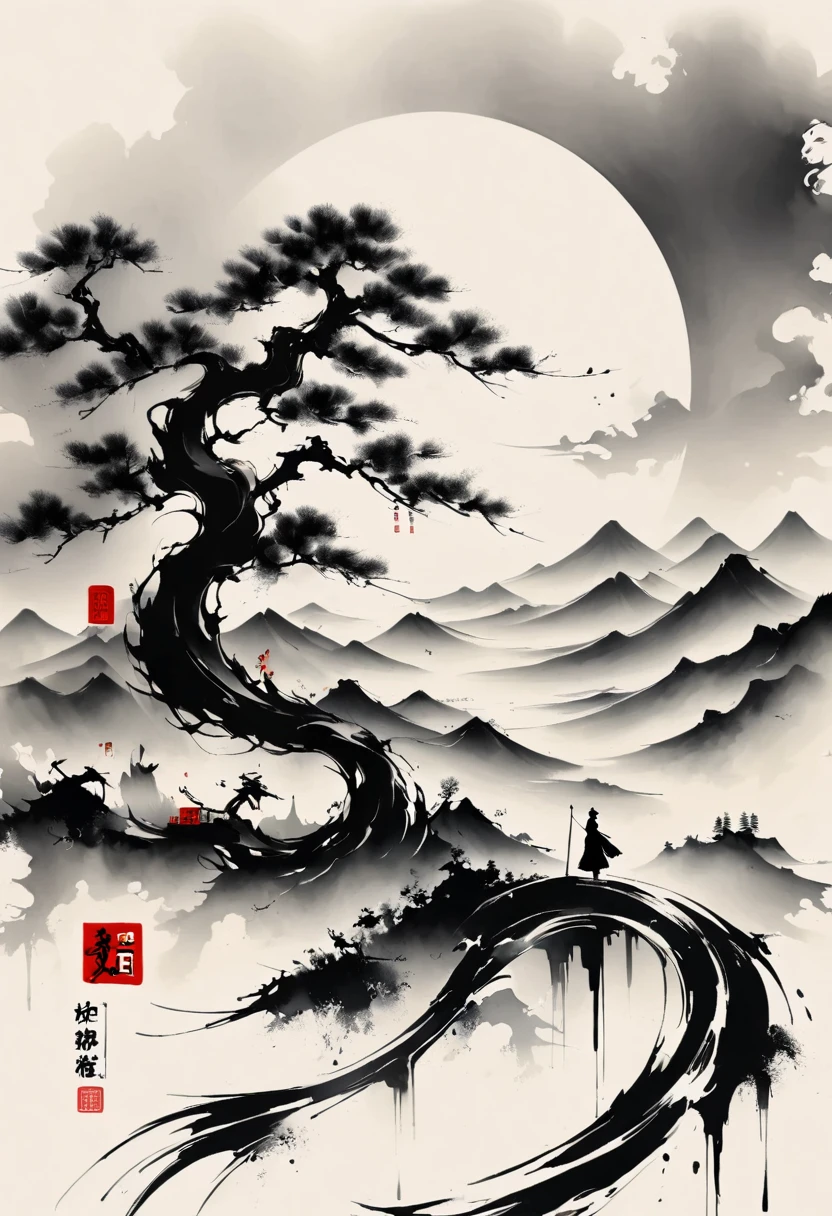 (大量留white:1.5),white, white色背景, simple, Minimalism, abstract,Freehand,Aesthetic,黑与white,Ink Painting,antiquity,Mountain,People in the distance