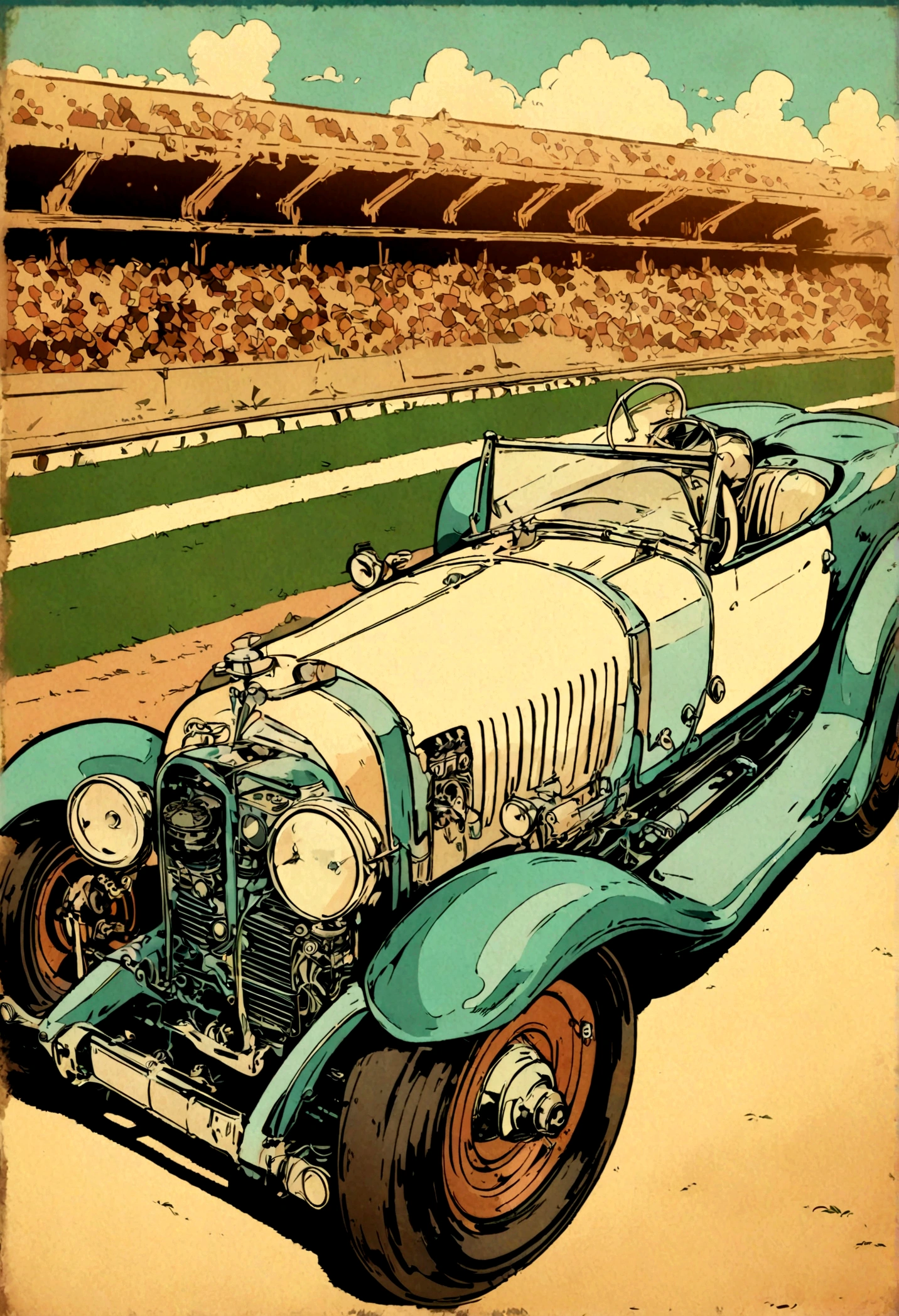 Um,Sky g4 , , V8 engine, on a racetrack, Beautiful vintage art, Digital illustration style, Stunning art style, Stylized digital illustration, Detailed digital illustrations, Cartoon Digital Art, retro art style art, detailed vectorart, Vintage illustration, --with 9:16