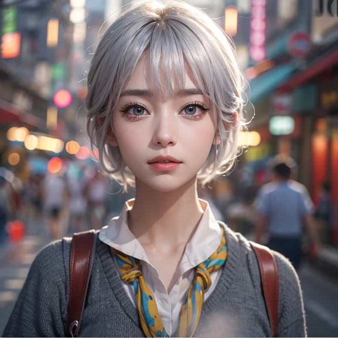 (masterpiece:1.3), (8k, Realistic, RAW Photos, Best image quality: 1.4), Fair-skinned fairy woman、short hair、Cleavage:2.0、Highly detailed face、Attention to detail、double eyelid、Sharp focus:1.2、Beautiful woman:1.4、Silvery white hair、highest quality、masterpiece、Ultra-high resolution、(Realistic:1.4)、Highly detailed and professionally lit smiles、Loose, Light, Wear Japan high school uniform:1.5、Red scarf、 one person、whole body,Cycling through Japanese cities、