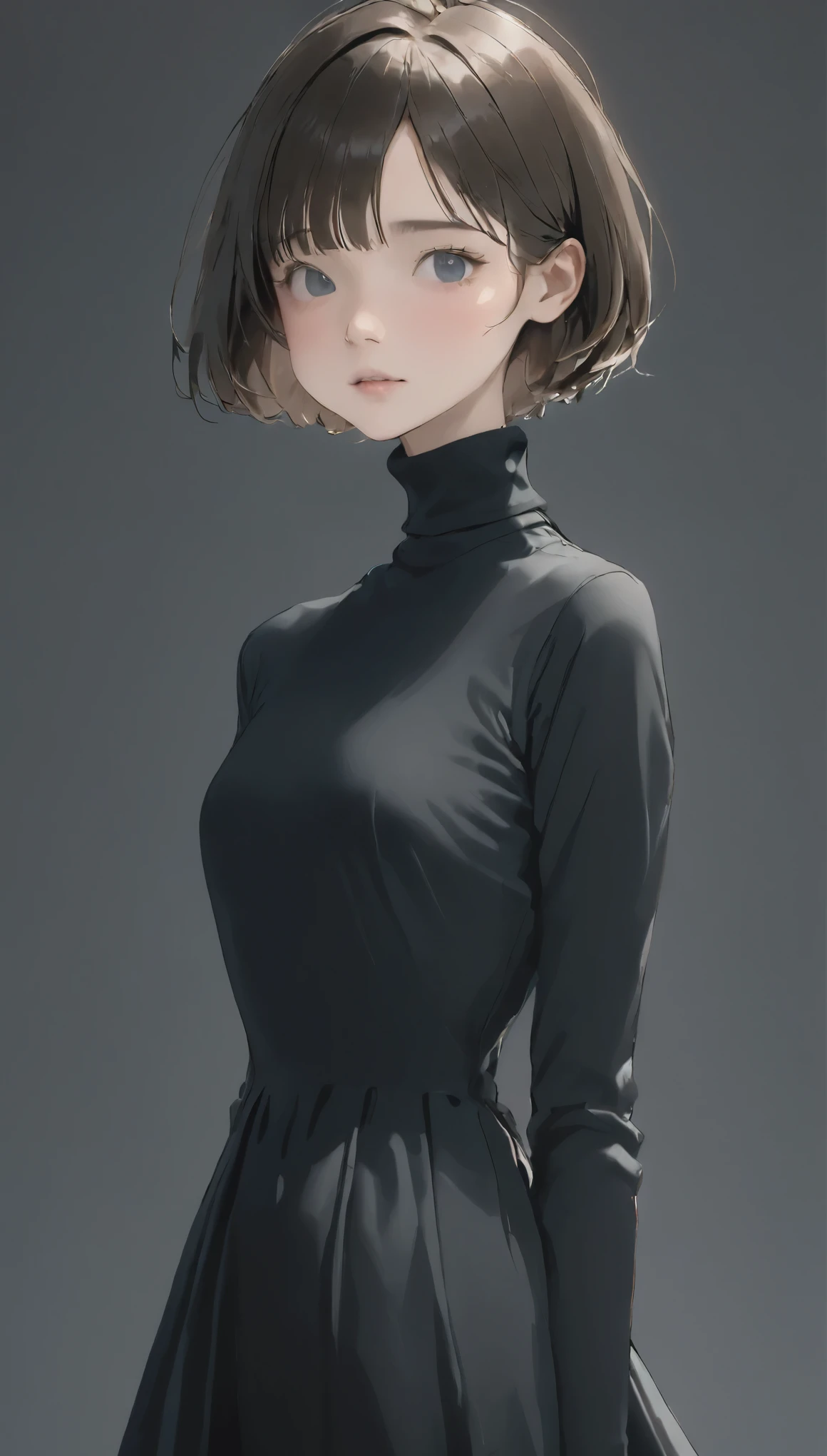 highest quality、Masterpiece、Perfect Anatomy、Mid-chest,Black Dress,turtleneck, (((-yeld gi slim, short hair)))