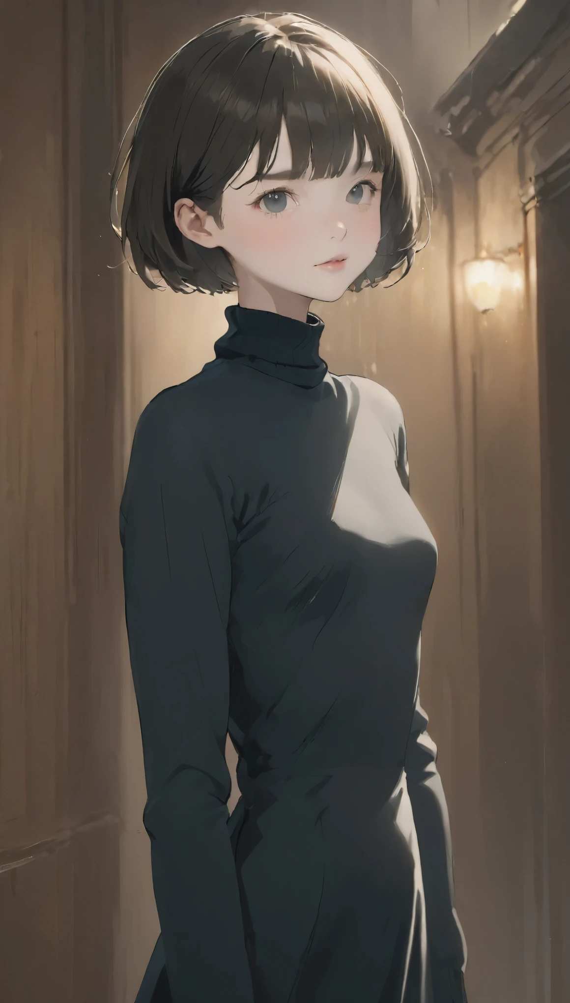 highest quality、Masterpiece、Perfect Anatomy、Mid-chest,Black Dress,turtleneck, (((15-year-old girl, slim, short hair)))