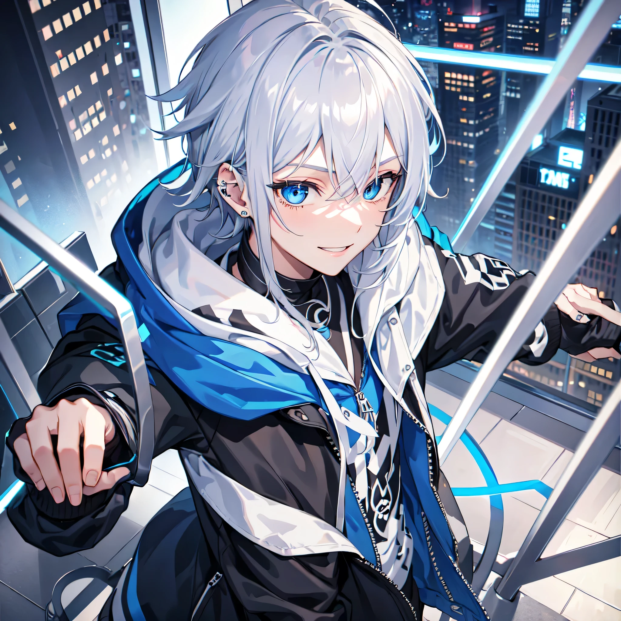 1boy,city,Volcom hoodie,tied hair,beautiful Silver hair,beautiful blue eyes,inner Blue,using piercing,smile