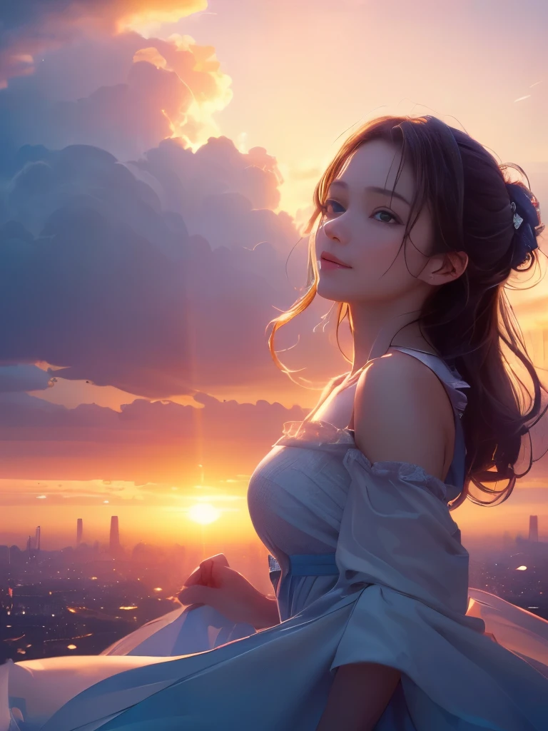 (masterpiece, highest quality, Ultra high definition, Ultra-high resolution, 8K Raw Photo:1.5), Movie stills, One girl, Detailed face, Very beautiful perfect girl, Cloud Girl, Floating in the sky, close, bright, Happy, Warm and soft lighting, sunset, (spark:0.7)