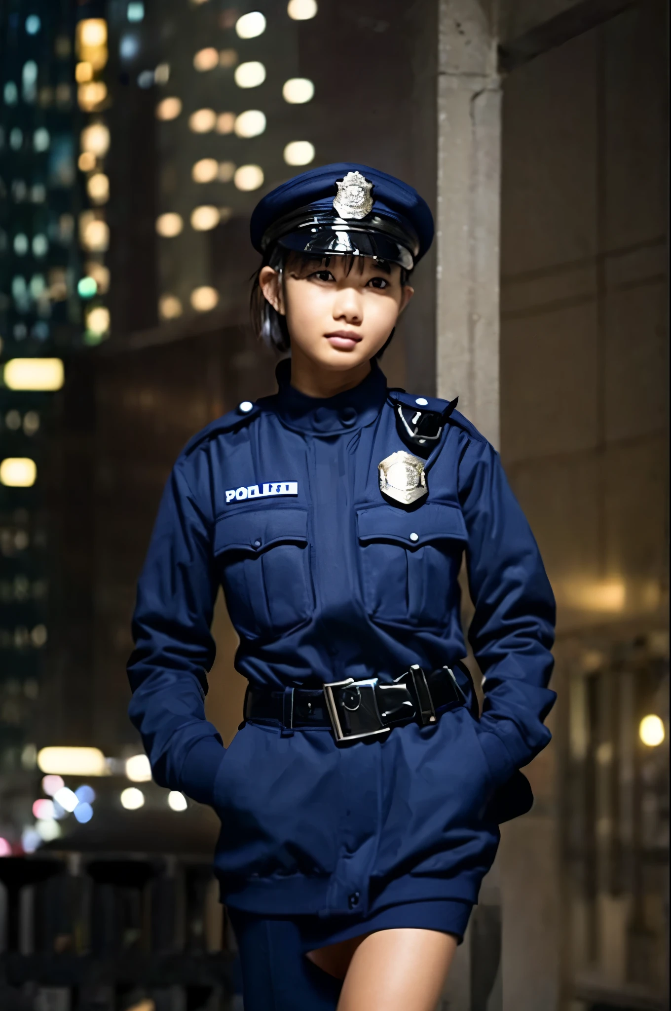 alone, (Police uniform, Female police officer), stockings, City lights, (Looking at the audience: 1.3), Release your lips, Red lips, Shiny skin, Skin dents, highest quality, Ultra-high resolution, (realism: 1.4),  