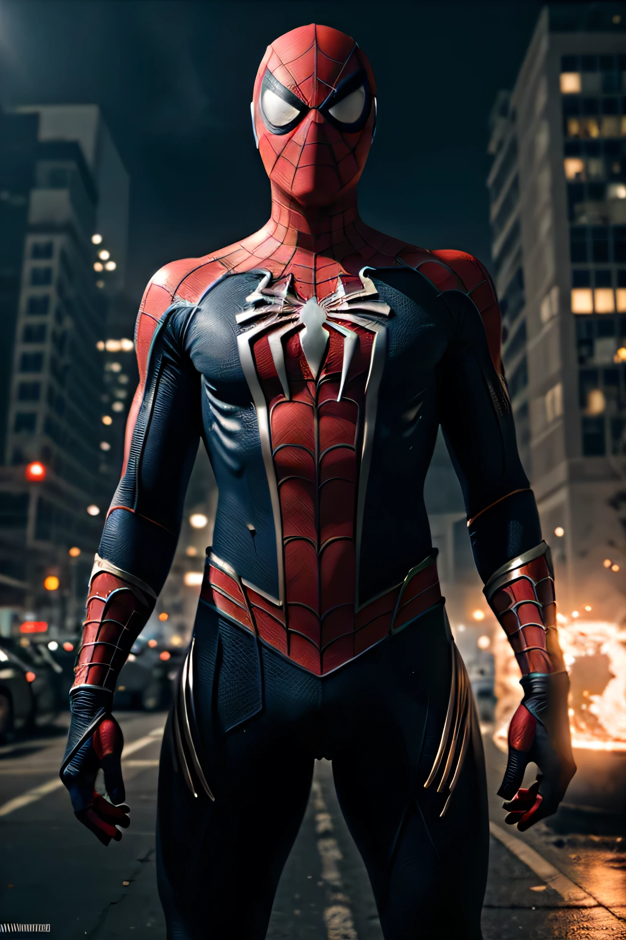 Black Suit Spiderman in warrior armor, glow suit, Dark Fantasy, hyper details 4K, cinematic war background.