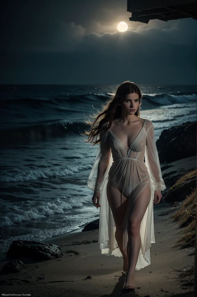 A beautiful 20-year-old Kate Mara, ethereal, ghostly, dressed in sheer near-nude billowing fabrics, a haunting beauty walking just above the ground on a moonlit night, coastal scene, dramatic lighting, volumetric fog, intricate details, cinematic, highly detailed, photorealistic, 8k