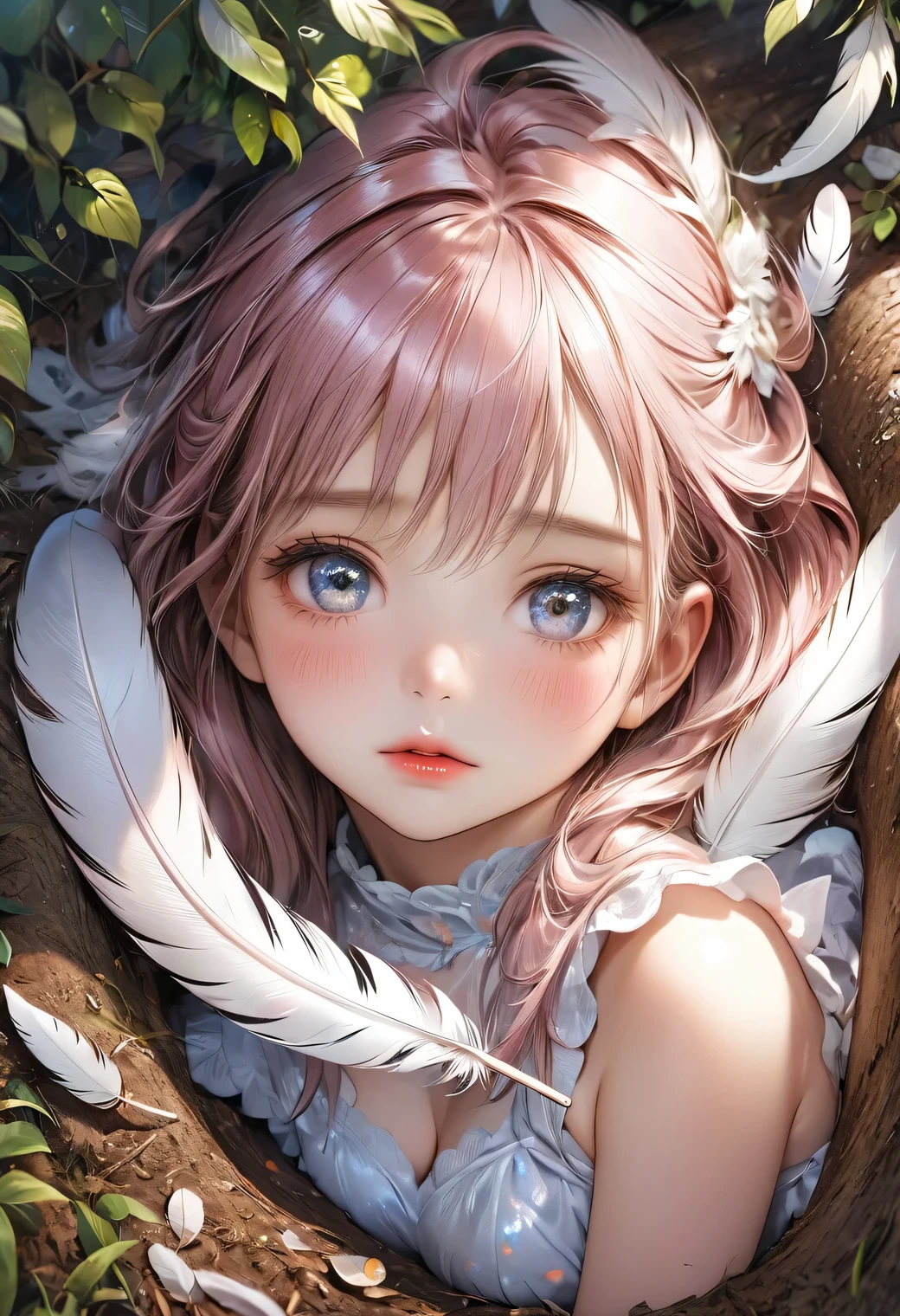 Fantasic Illustration, Masterpiece: 1.2, Highest Quality, Highres, 16k, Beautiful Detailed, Ultra-Realistic, Photo Realistic: 1.37, beautiful and cute girl,  wearing feathers dress:1.3, buried in feathers:1.2, leaning in the covered with feathers shade of a tree and relaxing, growing eyes, shining pupils, blushed cheek, shiny rosy lips, delicate beautiful (hair, face, eyes, pupils, long eyelash, feathers), middle breasts, view from  above