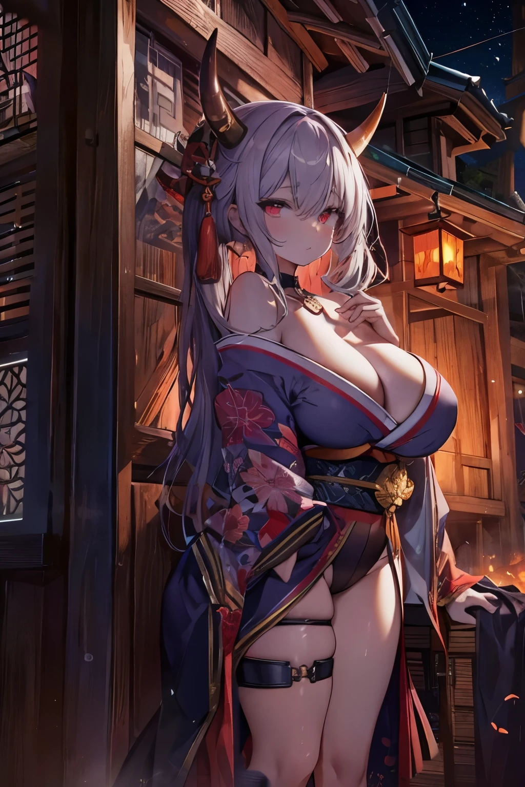 1 woman,very detailed,Cinematic scenes and lighting,Oni,goblin,horn,voluptuous woman with a curvy body,she is leaning against the window,choker around the neck,friendly,sexy,red eyes,low angle,Japanese style wooden building,night,Moonlight,Off shoulder,thigh highlighting,bare foot,Ax eyes,expressionless,whole body,standing posture ,sweating,moist eyes,glossy chest,glossy thighs