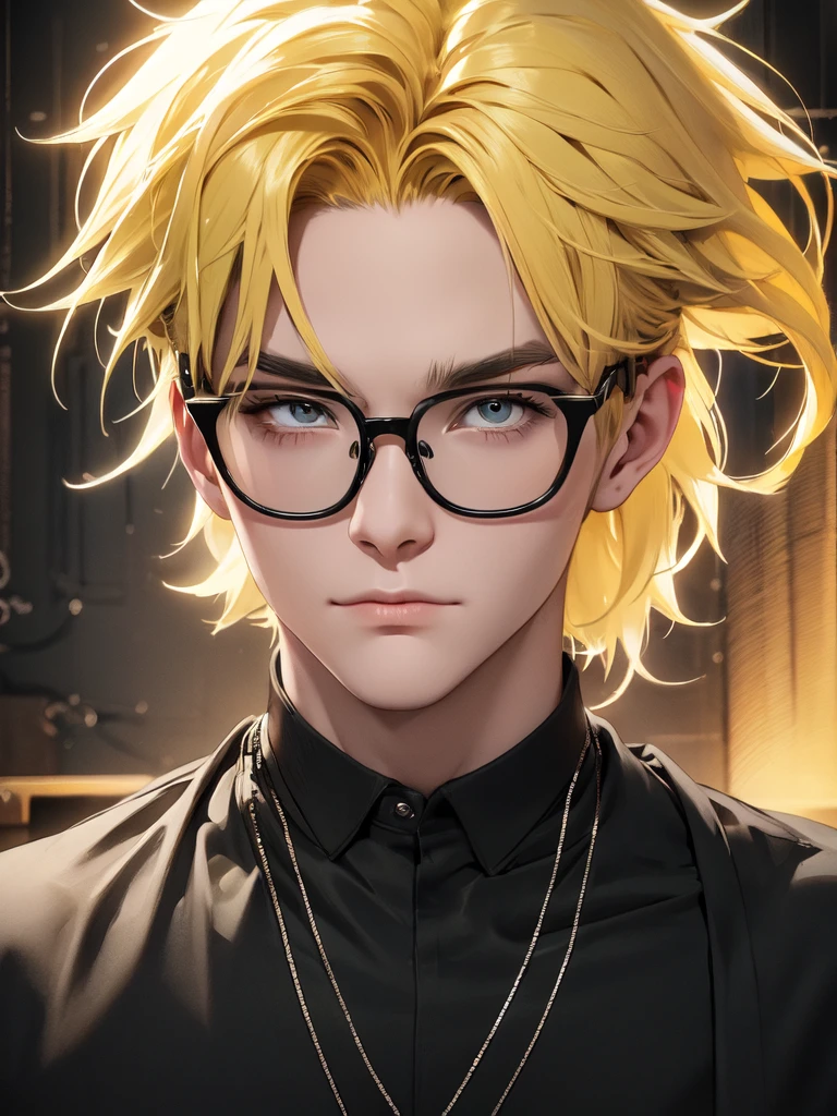  close-up image of a yellow-haired person male wearing a black shirt, digital art, glasses artwork in the  anime style. 8k, trending on cgstation, 8k)).