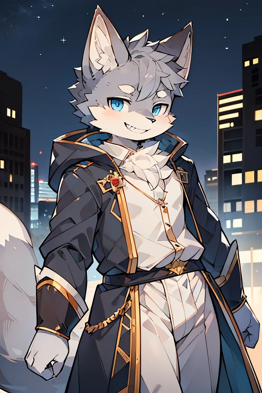 Exquisite lines,best quality。young,male,Gray fur,grey ears,body torn, Bustling night city background,Direct vision,smiling,Sharp teeth are exposed,Happy Mood,Beautiful night sky,Blue eyes,Gray wolf orcs