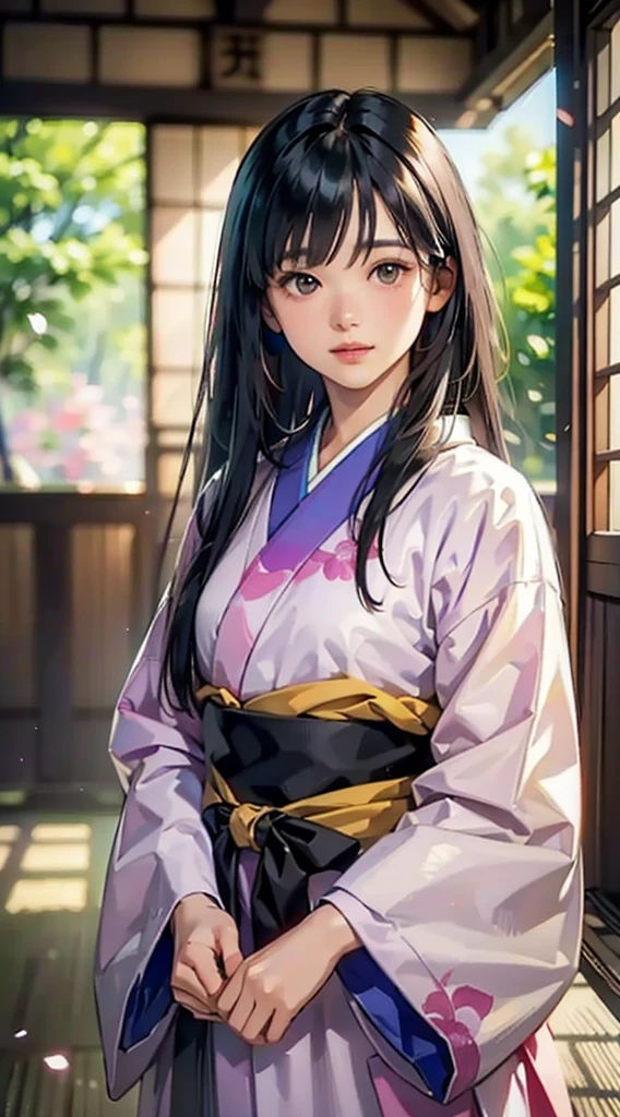 (Realistic)、(Realistic:1.2)、(High resolution)、Very detailed、Very beautiful face and eyes、1 girl、Delicate body、(highest quality、Attention to detail、Rich skin detail)、(highest quality、8k、Oil paint:1.2)、Very detailed、(Realistic、Realistic:1.37)、Bright colors、Full Body Shot,black_hair, Beautiful 8k eyes,Looking_in_Audience,One person in,Are standing,((Very beautiful woman, Fuller lips, Japanese pintern kimono))、((Colorful Japanese kimono)))、(((blackhair)))、(((Blunt bung,long straight hair)))、((( Inside an old Japanese house with a (short focus :1.4),)))、(masterpiece, highest quality, highest quality, Official Art, beautifully、aesthetic:1.2),(Fractal Art:1.3),Sengoku period、Greg Rutkowski Written by Alphonse Mucha Ropp,short ,uchikake,nishijin ori,(realistic light and shadow), (real and delicate background),(muted colors, dim colors, soothing tones:1.3), low saturation, (hyperdetailed:1.2), (noir:0.4),drow,blurry_light_background, (vibrant color:1.2), cinematic lighting, ambient lighting,Single Shot,Shallow Focus,pink lip,blurry light background,