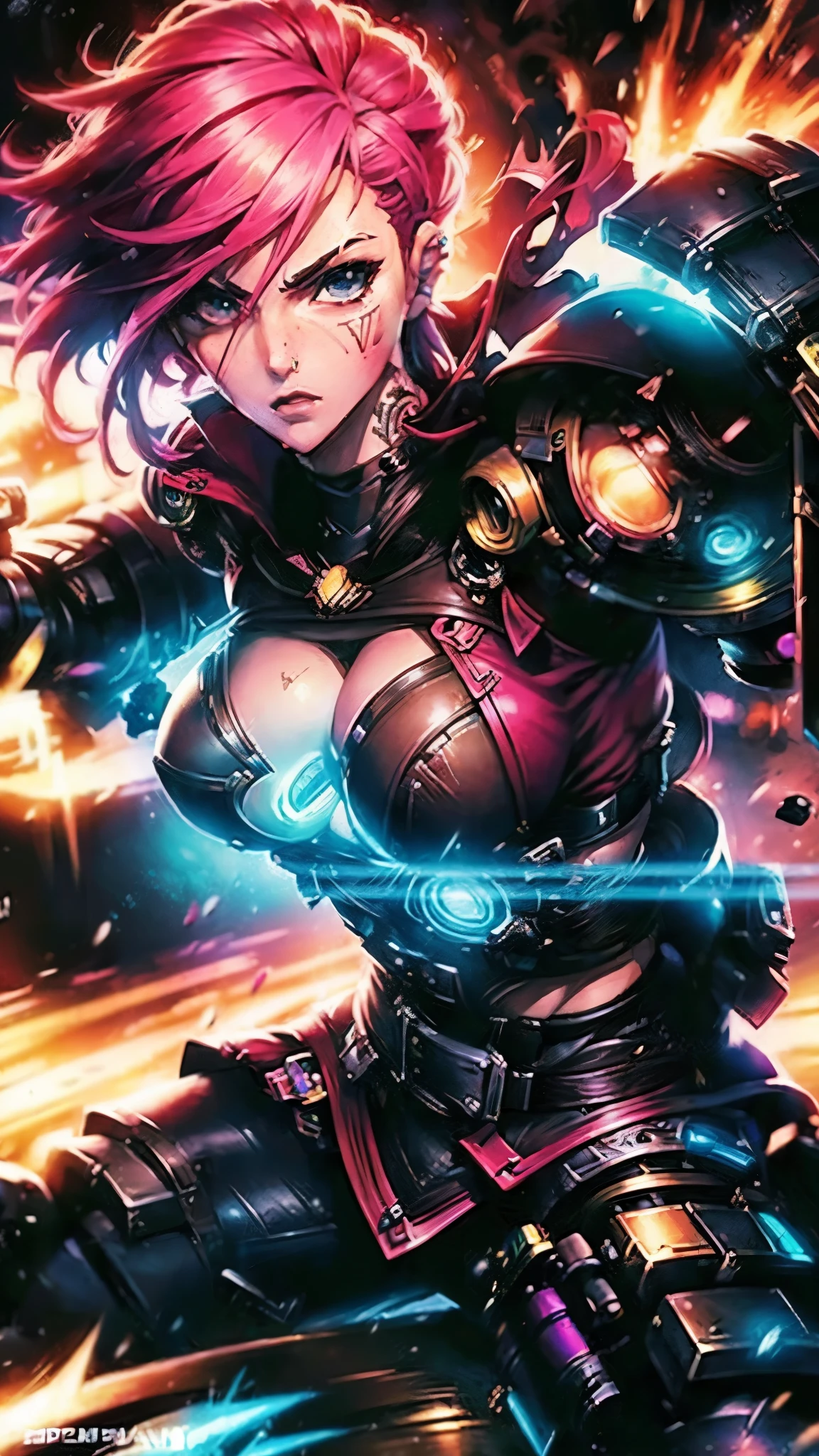 (melhor qualidade,4k,high resolution,Obra de arte:1.2),ultra-detalhado,realista,anime,Vi do jogo: League of Legends, TV series: Arcane,dark cabelo rosa (cabelo rosa:1.1),tatuagem sob o olho,red jaqueta de couro (jaqueta de couro:1.1),big combat robot gloves on hands (Luvas de combate:1.1),Determined expression,fundo urbano arenoso,paisagem urbana noturna,dynamic action pose,luzes de neon,trilha sonora de heavy metal