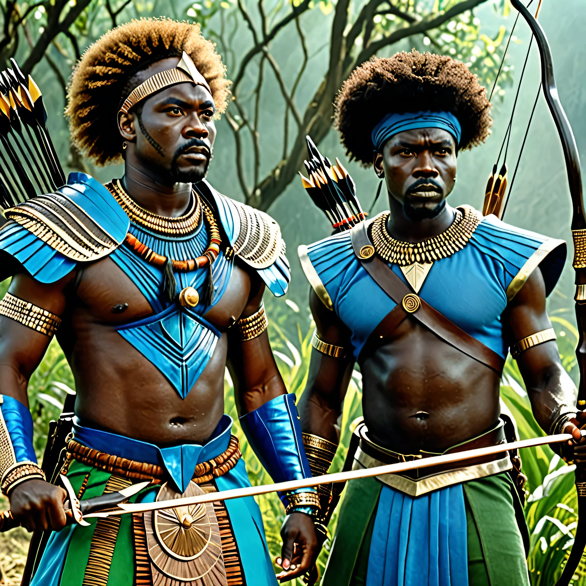 80s dark fantasy movie, two black men in African warrior clothes holding sword and bow and arrow, blue clothes, green clothes, African gods of hunting, afrofuturism, afrofuturism fashion, ultra quality, masterpiece, intricate details, very detailed, beautiful face, 8K, cinematic scene, photorealistic