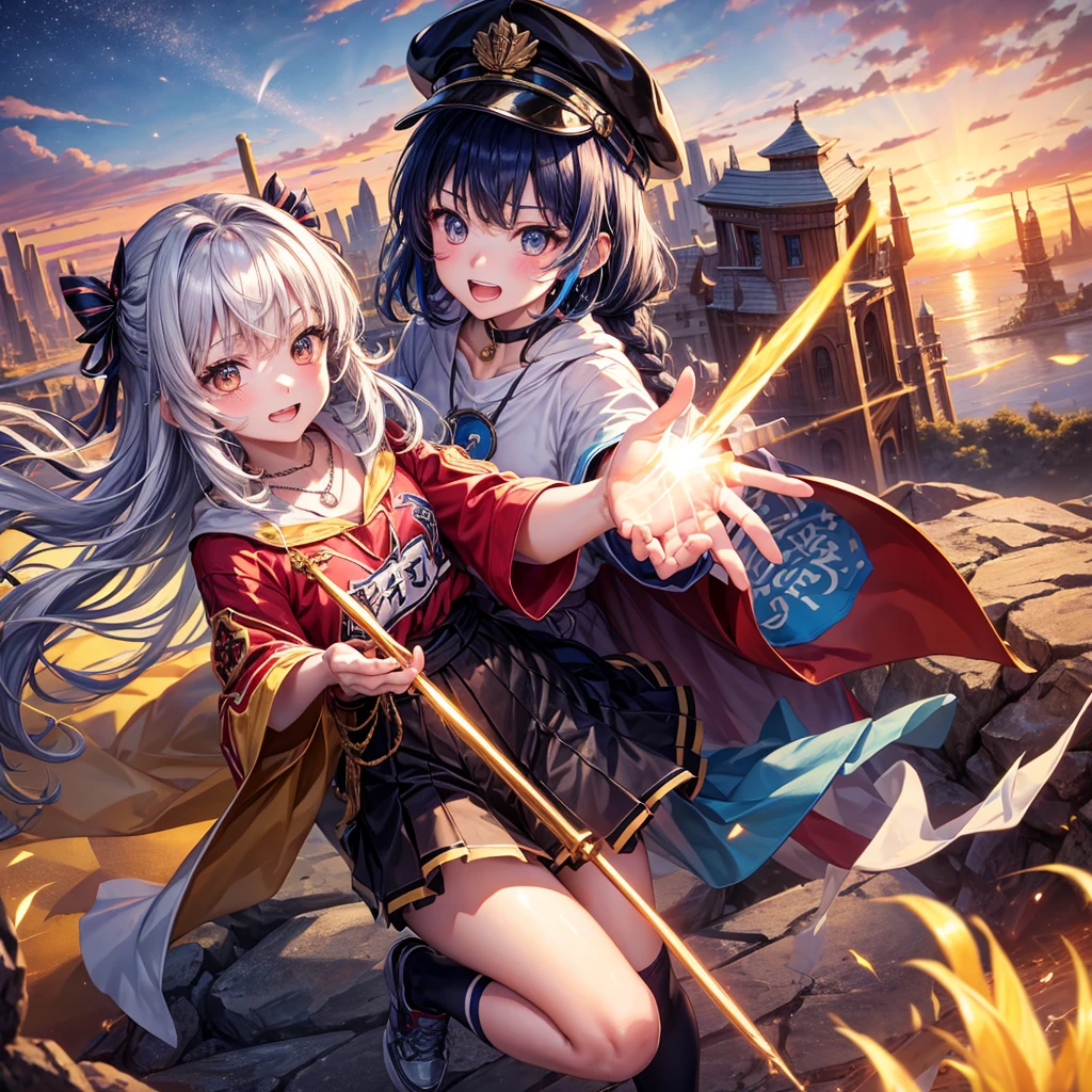 Red Blue Hair、Golden Eyes、Braid、One good looking girl、solo、anime、Checkered mini skirt、Ruffles on the skirt、Red T-shirt、Cape、Gothic、Black knee-high socks、Wearing a baseball cap、Wearing a ribbon、Ribbon on waist、Tilting face、Teeth are visible、Sunset sky、Piercing the clouds、Contrail、Cumulonimbus、Pillar of Light、Silver coin necklace、A world of light、shine、From above、bell、torii、Desert Oasis、water is gushing out、Wearing a name tag、Sparks are flying