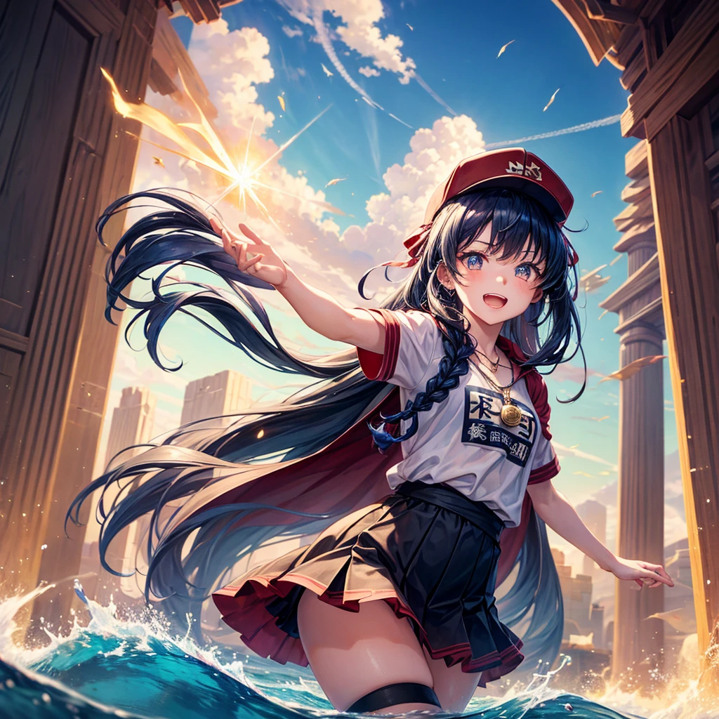Red Blue Hair、Golden Eyes、Braid、One good looking girl、solo、anime、Checkered mini skirt、Ruffles on the skirt、Red T-shirt、Cape、Gothic、Black knee-high socks、Wearing a baseball cap、Wearing a ribbon、Ribbon on waist、Tilting face、Teeth are visible、Sunset sky、Piercing the clouds、Contrail、Cumulonimbus、Pillar of Light、Silver coin necklace、A world of light、shine、From above、bell、torii、Desert Oasis、water is gushing out、Wearing a name tag、Sparks are flying