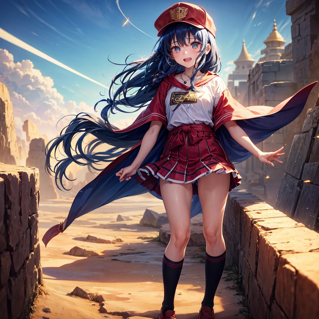 Red Blue Hair、Golden Eyes、Braid、One good looking girl、solo、anime、Checkered mini skirt、Ruffles on the skirt、Red T-shirt、Cape、Gothic、Black knee-high socks、Wearing a baseball cap、Wearing a ribbon、Ribbon on waist、Tilting face、Teeth are visible、Sunset sky、Piercing the clouds、Contrail、Cumulonimbus、Pillar of Light、Silver coin necklace、A world of light、shine、From above、bell、torii、Desert Oasis、water is gushing out、Wearing a name tag、Sparks are flying