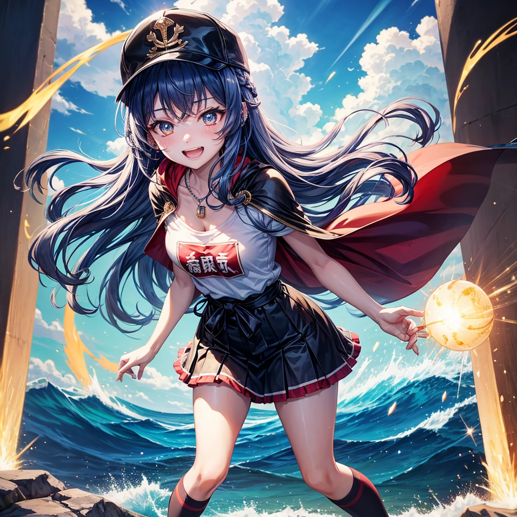 Red Blue Hair、Golden Eyes、Braid、One good looking girl、solo、anime、Checkered mini skirt、Ruffles on the skirt、Red T-shirt、Cape、Gothic、Black knee-high socks、Wearing a baseball cap、Wearing a ribbon、Ribbon on waist、Tilting face、Teeth are visible、Sunset sky、Piercing the clouds、Contrail、Cumulonimbus、Pillar of Light、Silver coin necklace、A world of light、shine、From above、bell、torii、Desert Oasis、water is gushing out、Wearing a name tag、Sparks are flying