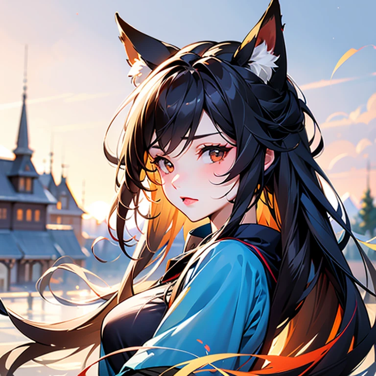 One Girl, Fox Girl, Fox&#39;s Tail, Nine-Tailed Fox,Fox Ears, Black colored hair, Fox Makeup,One Girl,  Kimono with open chest, Body size is 100-70-90!, Nice body, Avatar, face, Open chest, ???? face, Dominant representation, naughty face, Big Breasts, Emphasize cleavage,Show bare skin, Skin is visible, With legs apart, Show off your thighs, M-shaped legs, A beautifully patterned kimono,Red and black flowing water pattern kimono, I can see her cleavage, Muscular, Uplifting, Abdominal muscles, Exposed skin, Long Hair, Skin Texture, Soft breasts, Large Breasts, Standing in a grassy field, outside, Blue sky,Composition facing directly ahead, Grab your breasts with both hands, Fingers digging into breasts, Developmental atmosphere, god秘的な絵, god々Cool atmosphere
