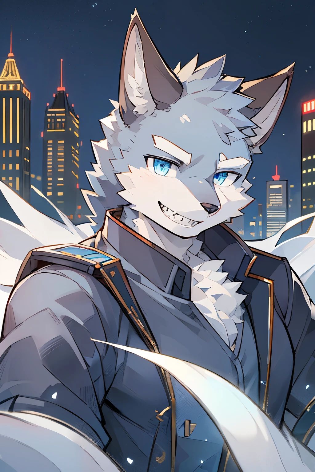 Exquisite lines，best quality。young，male，Gray fur,grey ears,body torn, Bustling night city background,Direct vision,smiling,Sharp teeth are exposed,Happy Mood,Beautiful night sky，Blue eyes，Gray wolf orcs