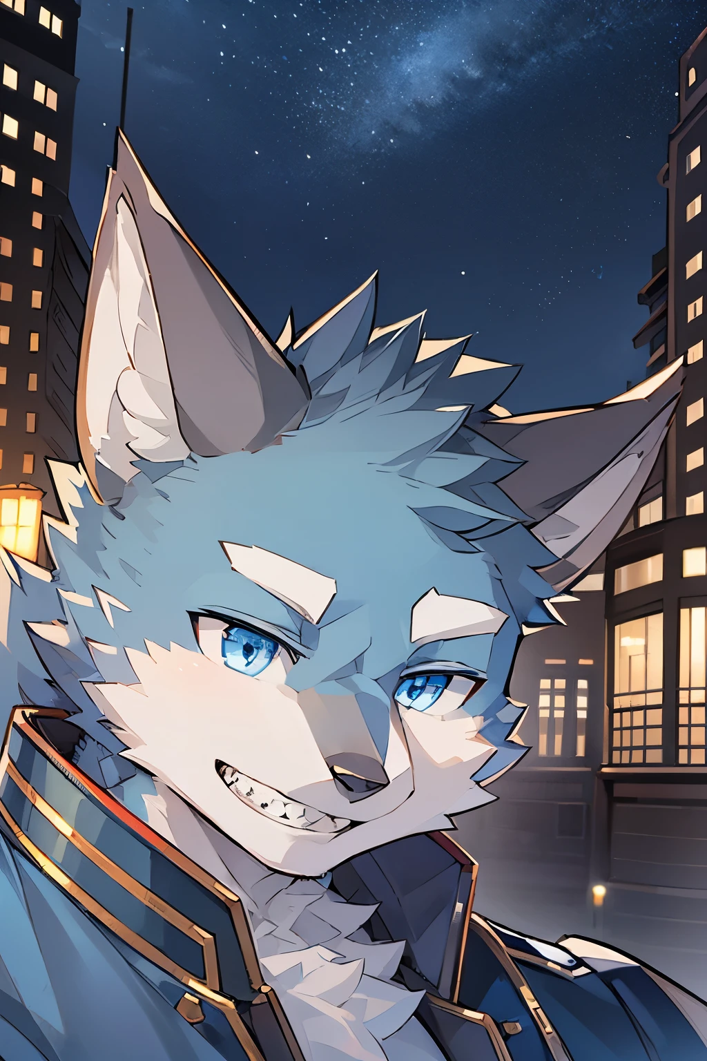 Exquisite lines,best quality。young,male,Gray fur,grey ears,body torn, Bustling night city background,Direct vision,smiling,Sharp teeth are exposed,Happy Mood,Beautiful night sky,Blue eyes,Gray wolf orcs