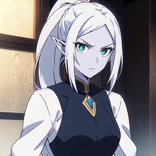 ((Obra maestra)), ((la mejor calidad)), (alto detalle), (proporciones perfectas), (ojos perfectos), (boca perfecta), (manos perfectas) 1chica, drow, female mature, grey skin, white hair, ponytail, pointy ears, green eyes, serious, figthing stance, anime screencap