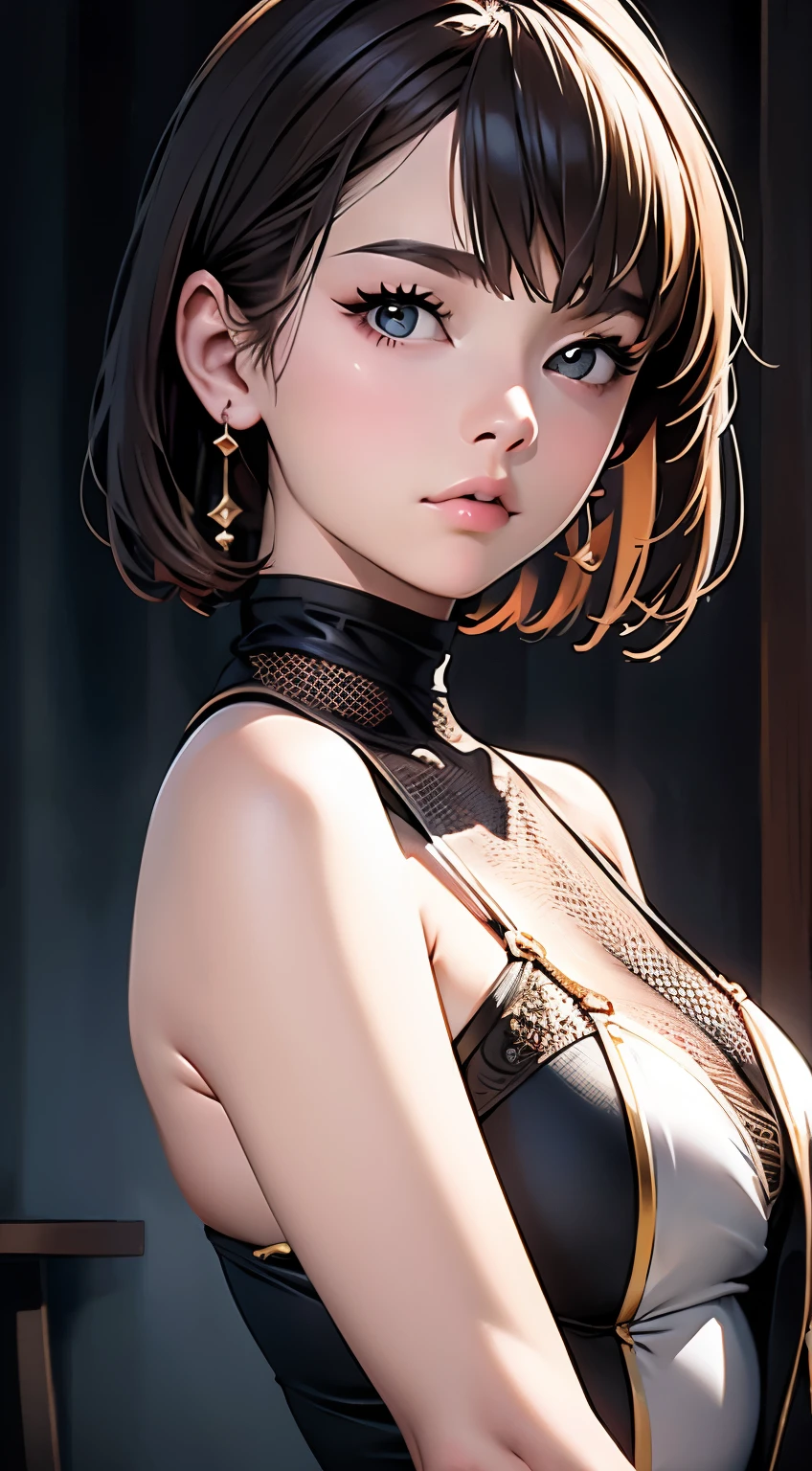 (highest quality, Tabletop:1.2, 超A high resolution, Realistic:1.5), RAW Photos, One Girl, Off the shoulder, In the Dark, Deep Shadow, Low light, Cool Tones, Captivating Gaze, short hair, Foggy atmosphere, Mysterious atmosphere, Subtle highlights, Dramatic contrast, Graceful pose, Intense emotions, Heavenly beauty, enchanting darkness, Captivating Expressions