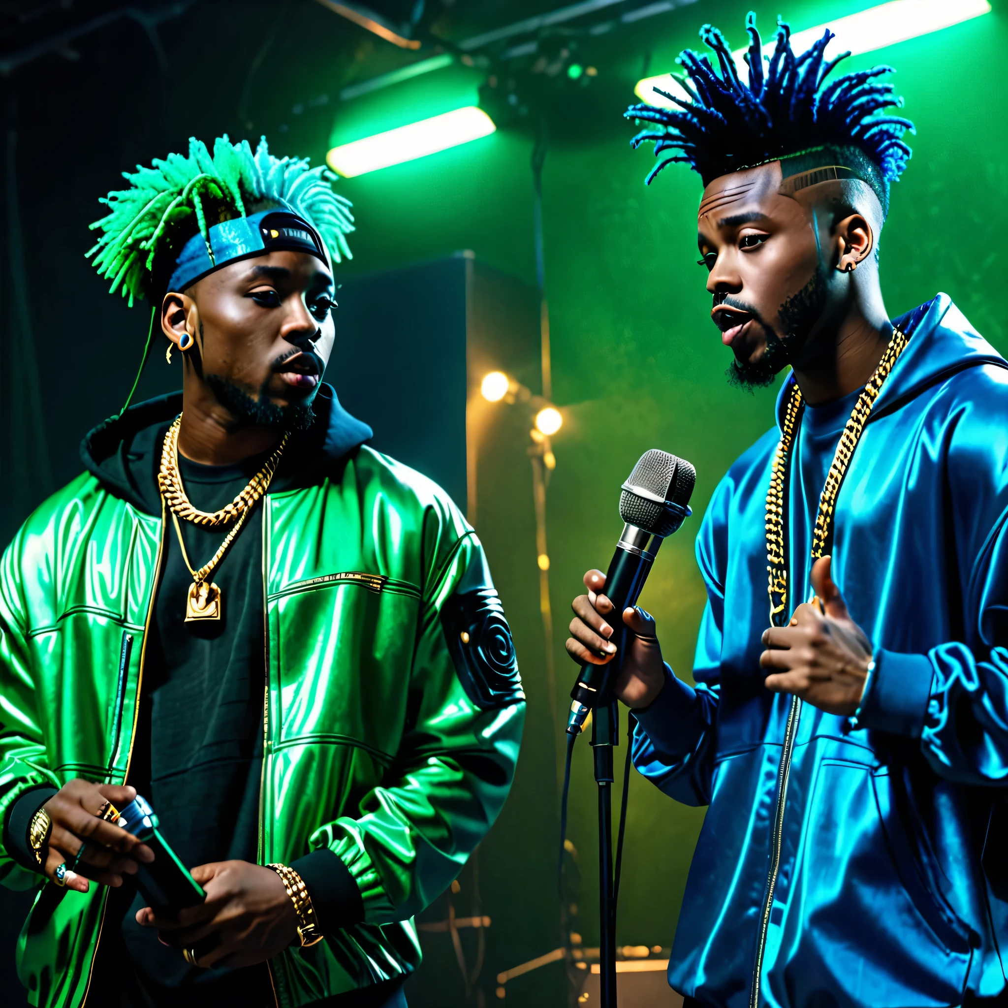 80s dark fantasy movie, cyber punk, two black men in hip hop rapper clothes holding microphone and producing music in studio, blue clothes, green clothes, African gods, afrofuturism, afrofuturism fashion, ultra quality, masterpiece, intricate details, very detailed, beautiful face, 8K, cinematic scene, photorealistic