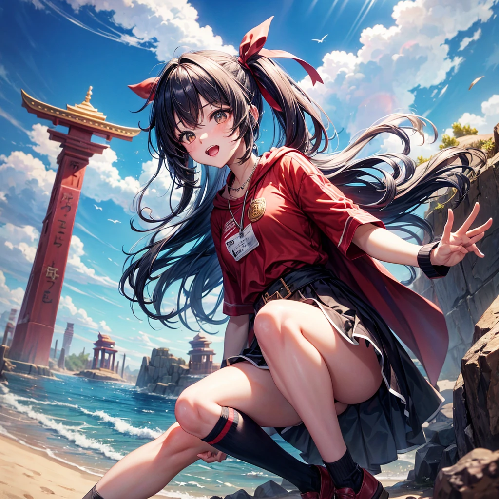 Red Blue Hair、Golden Eyes、Braid、One good looking girl、solo、anime、Checkered mini skirt、Ruffles on the skirt、Red T-shirt、Cape、Gothic、Black knee-high socks、Wearing a baseball cap、Wearing a ribbon、Ribbon on waist、Tilting face、Teeth are visible、Sunset sky、Piercing the clouds、Contrail、Cumulonimbus、Pillar of Light、Silver coin necklace、A world of light、shine、From above、bell、torii、Desert Oasis、water is gushing out、Wearing a name tag、Sparks are flying