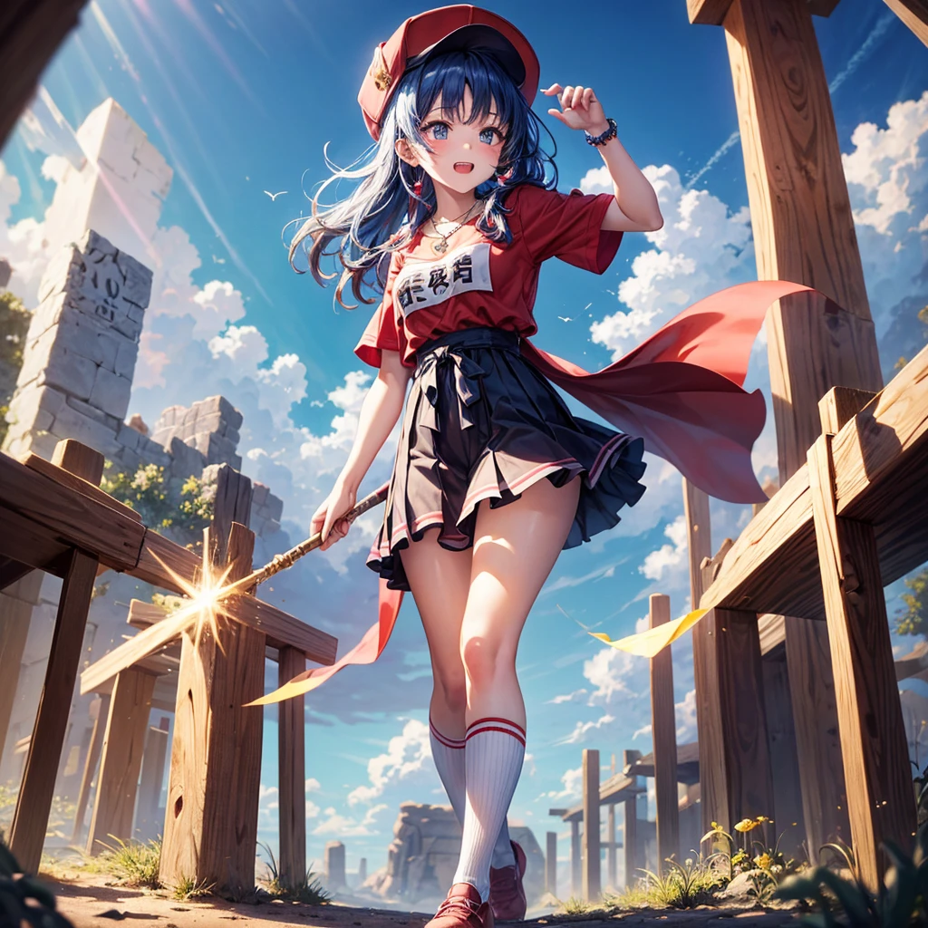 Red Blue Hair、Golden Eyes、Braid、One good looking girl、solo、anime、Checkered mini skirt、Ruffles on the skirt、Red T-shirt、Cape、Gothic、Black knee-high socks、Wearing a baseball cap、Wearing a ribbon、Ribbon on waist、Tilting face、Teeth are visible、Sunset sky、Piercing the clouds、Contrail、Cumulonimbus、Pillar of Light、Silver coin necklace、A world of light、shine、From above、bell、torii、Desert Oasis、water is gushing out、Wearing a name tag、Sparks are flying